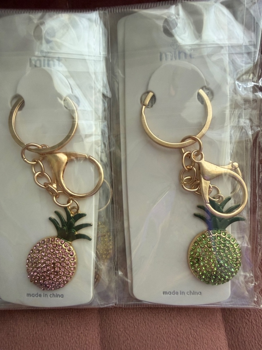 Set of 12 Pineapple Keychain - Pink, Yellow & Green Crystal Charms NWT